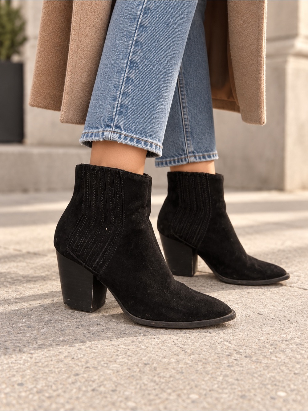 Qupid Black Suede Ankle Booties with Block Heel | 6.5